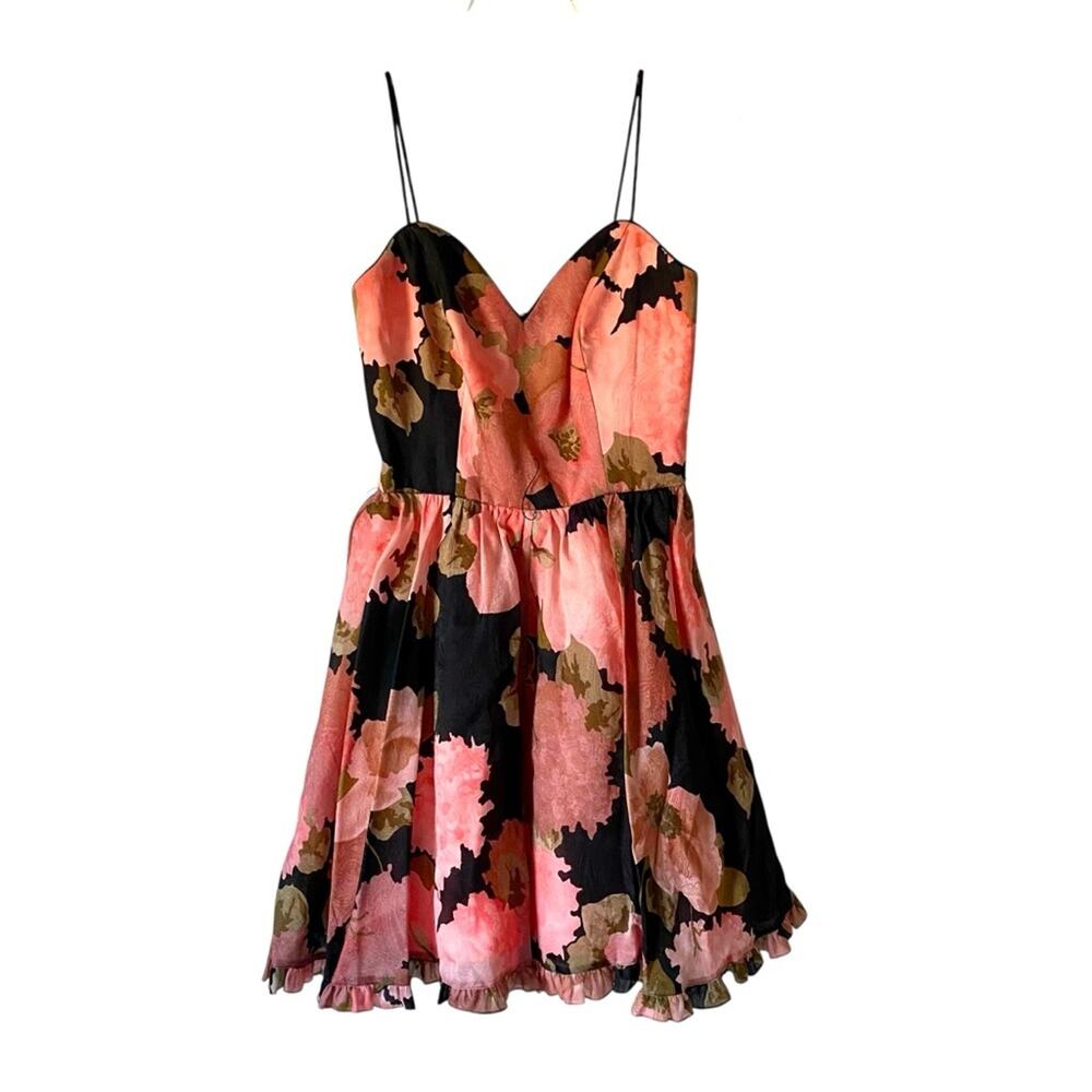 Vintage Kathryn Conover Silk Floral Dress Pink Black Ruffle Trim size 6